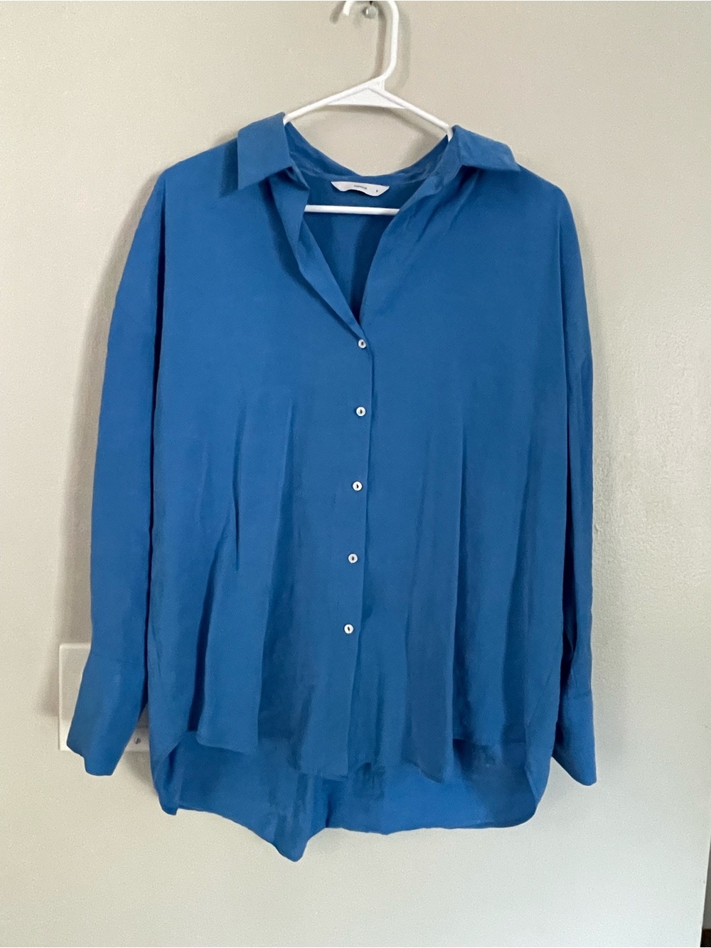 Pigalle Cobalt Blue Button Down Blouse Oversized Small Modal Minimalist Satin